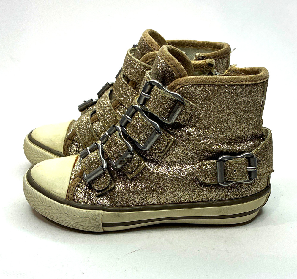 Ash Kids Gold Glitter High Top Sneakers Zipper Buckle EU 25 US 8 Leather